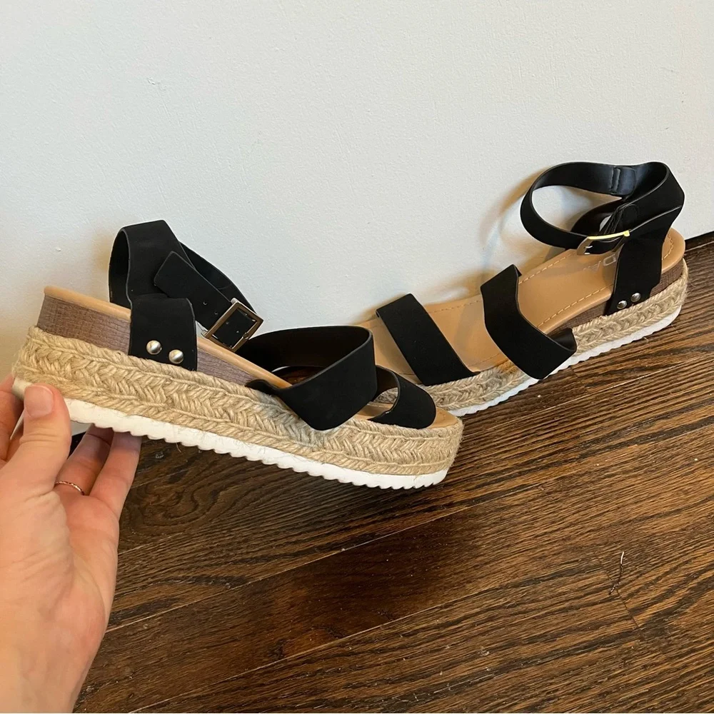 Soda black tan espadrille platform sandal women’s size 9 strappy ankle buckle